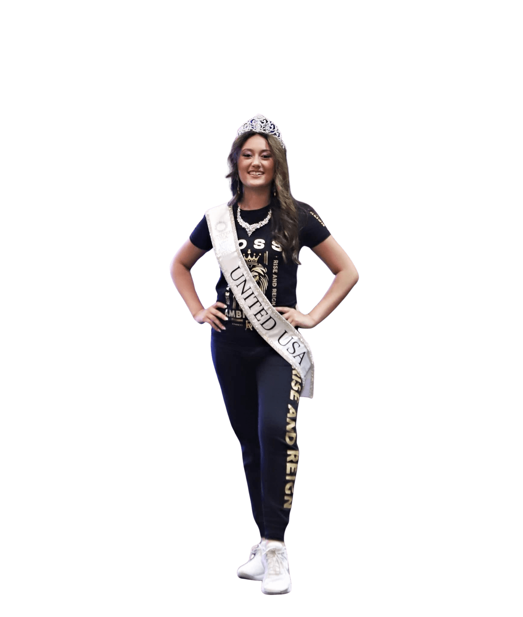 Promo pic starring RIhanna wearing the women's Regal Lioness tee with her USA Pageant Sash wrapped around her shoulder. 
