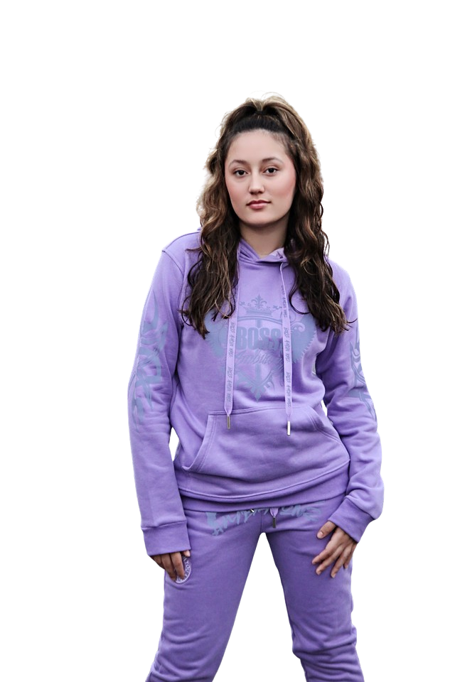 Rihanna showcasing front view of Boss Ambitionz Lavender Luxe Reflective Hoodie