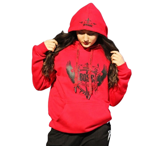 Rihanna showcasing the Red Boss Ambitionz Ambition Crown Hoodie