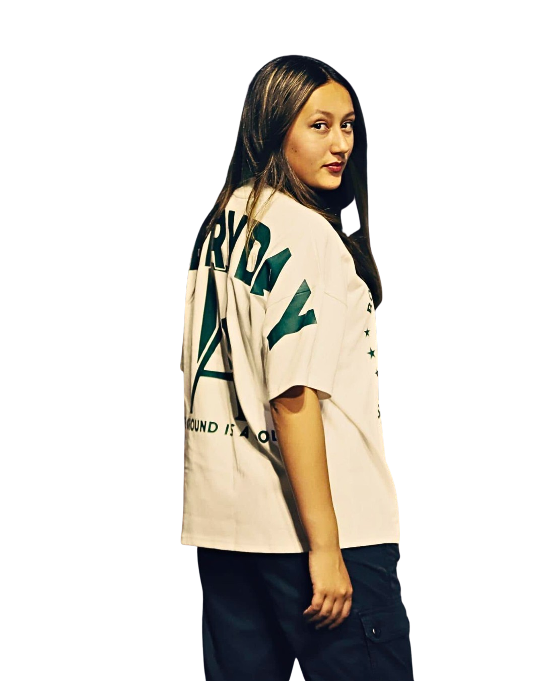 Rihanna standing in a fierce pose showcasingBoss Ambitionz Everyday Luxe' Oversized Heavyweight Cotton Tee