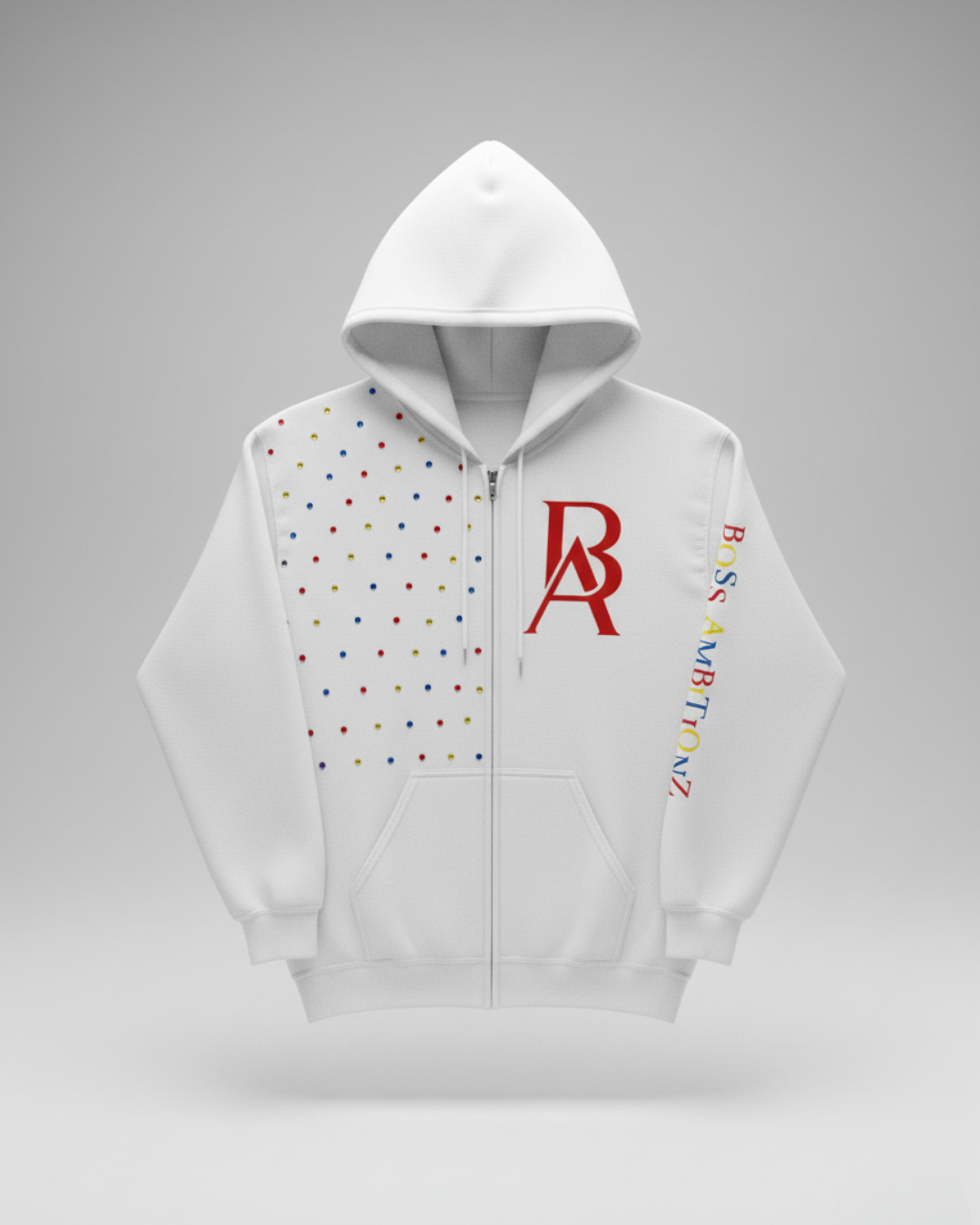Rustic rhinestone zipup hoodie - mockup - white