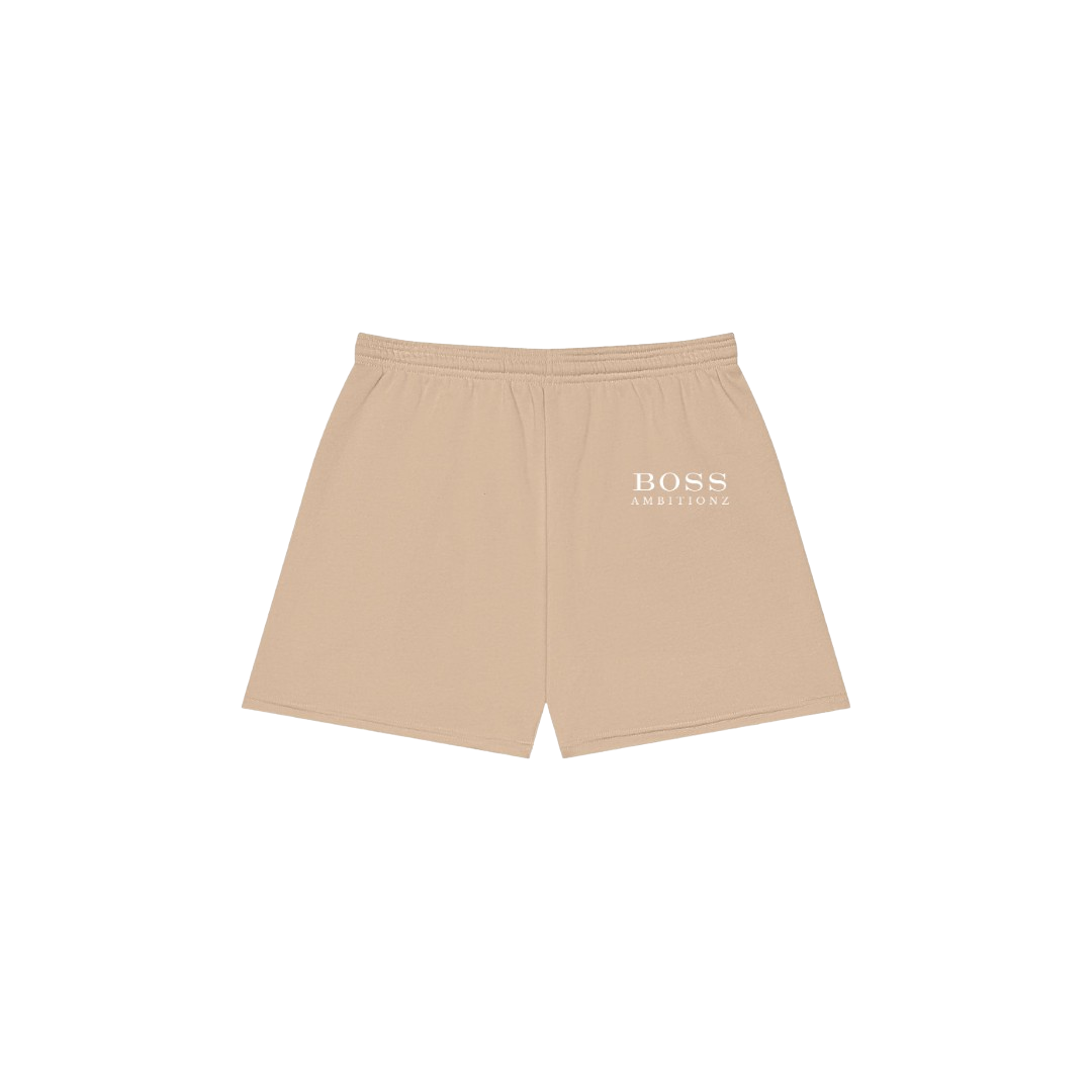 Tan shorts with 'BOSS AMBITIONS' text on a white background