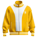 Boss Ambitionz Gold Standard Tracksuit Jacket in white with luxury BA embroidery, premium waterproof nylon fabric, and custom gold drawstrings.