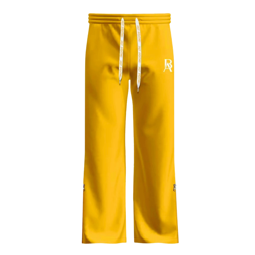 Boss Ambitionz Gold Standard Tracksuit Pants with zippered flare bottoms, hidden embroidery detail, and white-on-white silhouette piping in waterproof nylon.