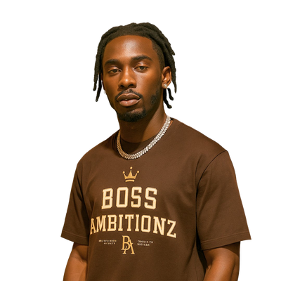 Man wearing a brown 'BOSS AMBITIONZ' t-shirt on a white background