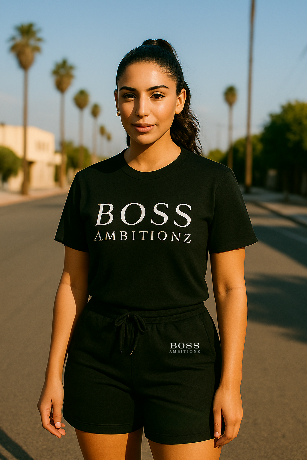 Woman wearing a black 'BOSS AMBITIONZ' t-shirt and shorts outdoors.